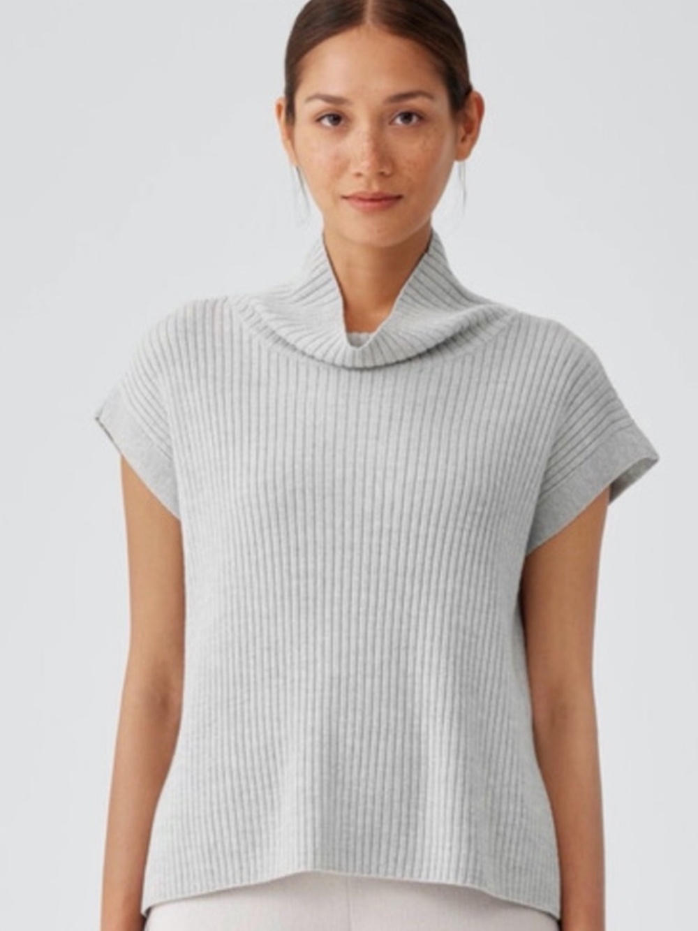 EILEEN FISHER L Seasalt Extra Fine Merino Turtleneck Top Regenerative Wool Boxy